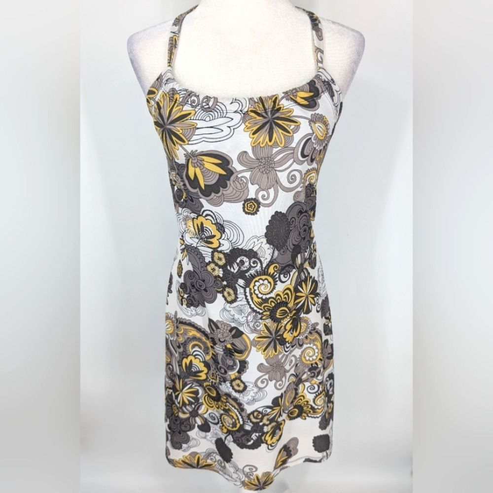 Prana White Yellow Gray Floral Sleeveless Quinn Athletic Activewear Dress Small